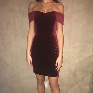 Nicholas, red velvet, off the shoulder mini dress.